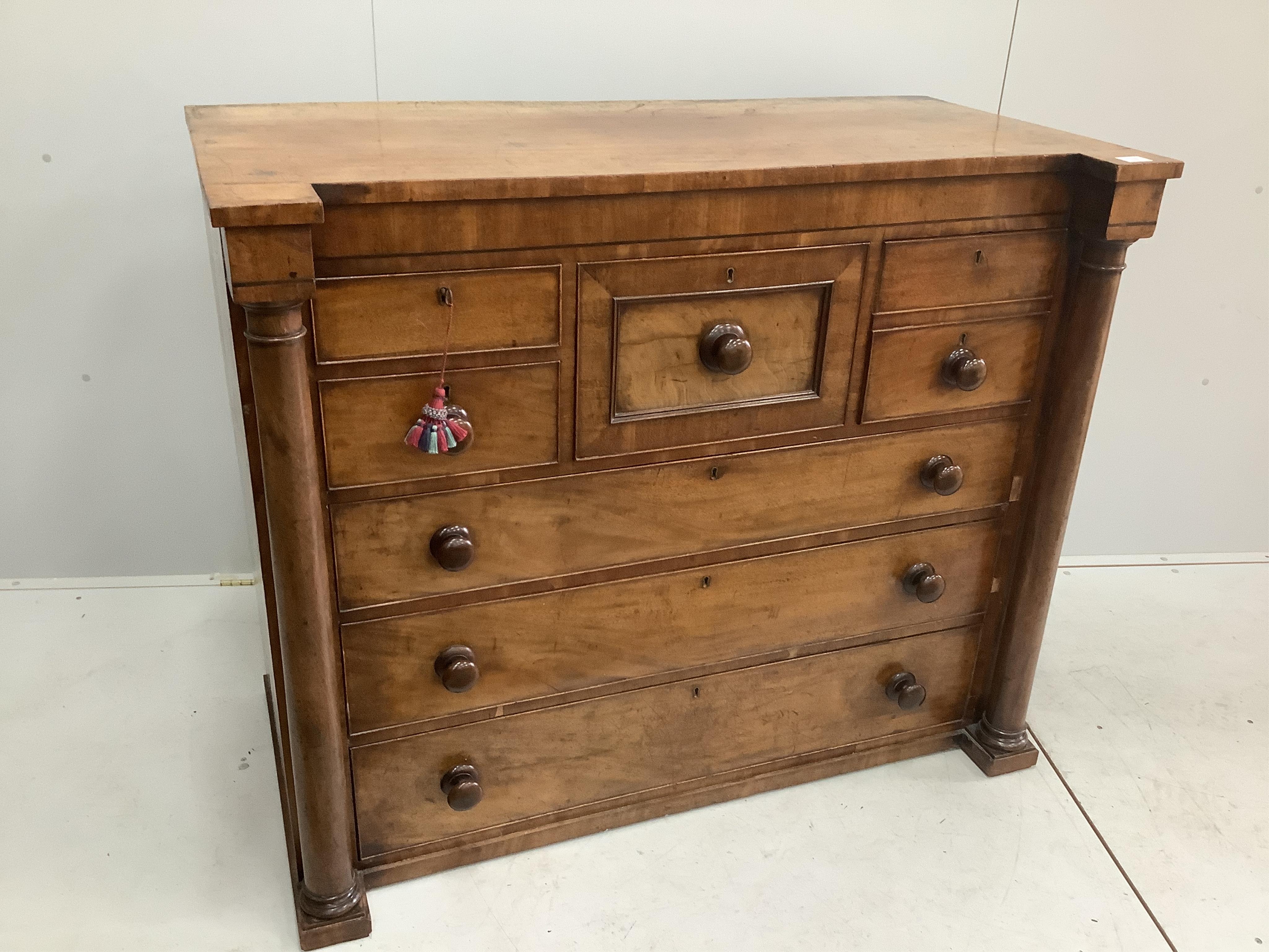 A Scottish Victorian mahogany chest, width 129cm, depth 65cm, height 108cm. Condition - feet lacking, otherwise fair